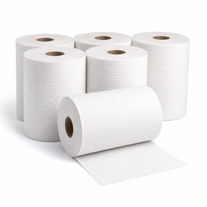 Lot de six rouleaux d’essuie-tout blancs en papier gaufré, dont un déroulé au premier plan, sur fond blanc, idéal pour l’entretien et le nettoyage professionnel.