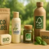 Sélection de produits éco-labellisés présentés sur un fond naturel