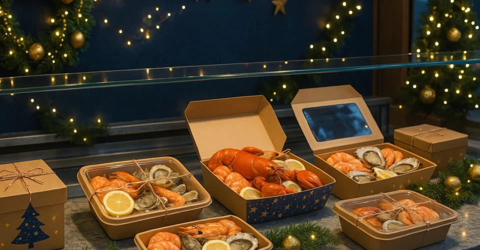Emballages de Noël éco chic pour fruits de mer à emporter