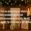 Emballages de Noël en kraft et papier compostable avec titre “Fini le plastique”