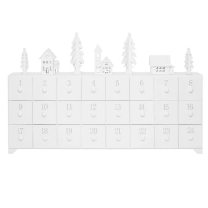 Calendrier de l’Avent en bois blanc – 24 tiroirs, décorations village enneigé