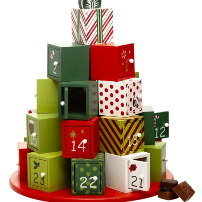 Calendrier de l’Avent en bois – Forme pyramide avec 24 tiroirs décoratifs réutilisables