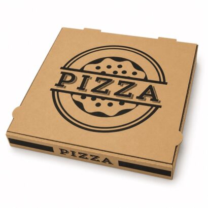 Boîte à pizza en carton kraft avec logo noir vintage “PIZZA” imprimé sur le couvercle, emballage alimentaire pour livraison et vente à emporter.