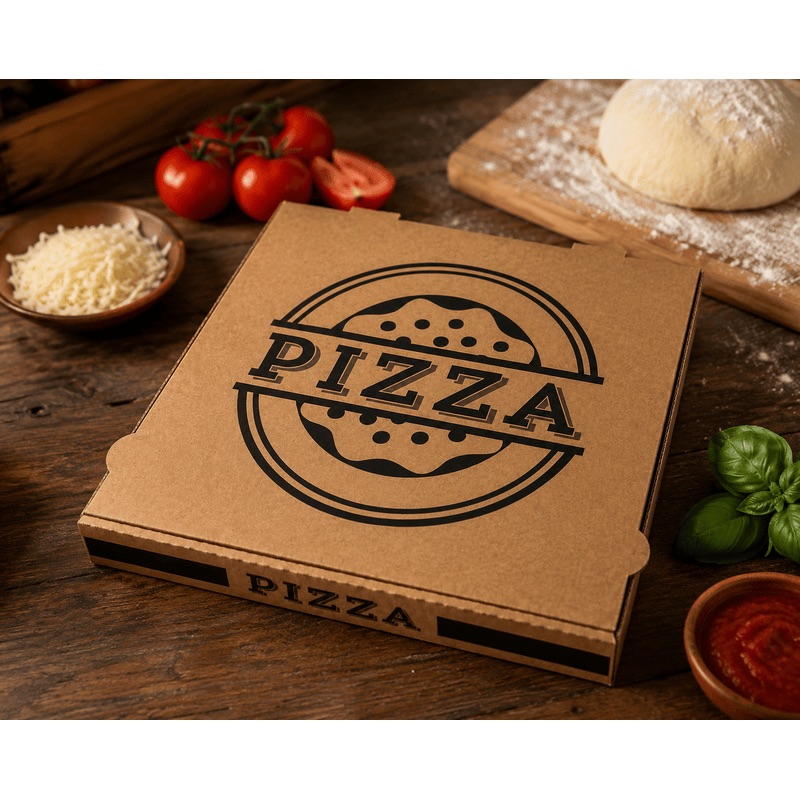 Boîte à pizza en carton kraft posée sur une table rustique avec ingrédients frais, pâte à pizza, tomates, basilic et sauce tomate en arrière-plan.