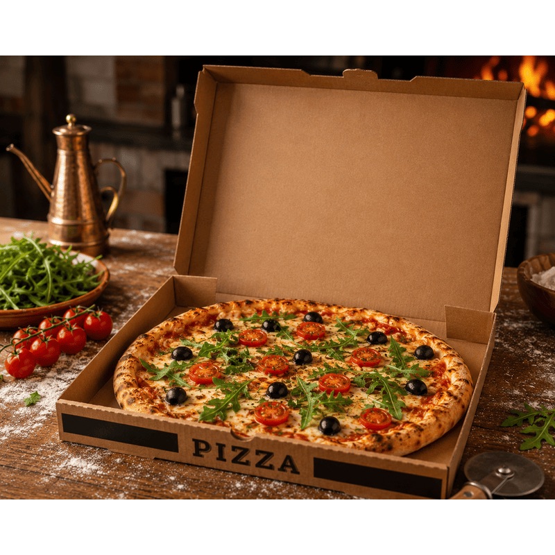 Pizza garnie dans une boîte en carton ouverte, avec tomates cerises, olives noires et roquette, posée sur une table rustique de cuisine italienne.