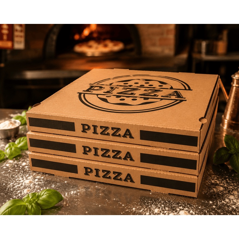 Pile de boîtes à pizza en carton kraft avec logo noir vintage, posées sur une table de cuisine italienne avec basilic frais et four à pizza en arrière-plan.