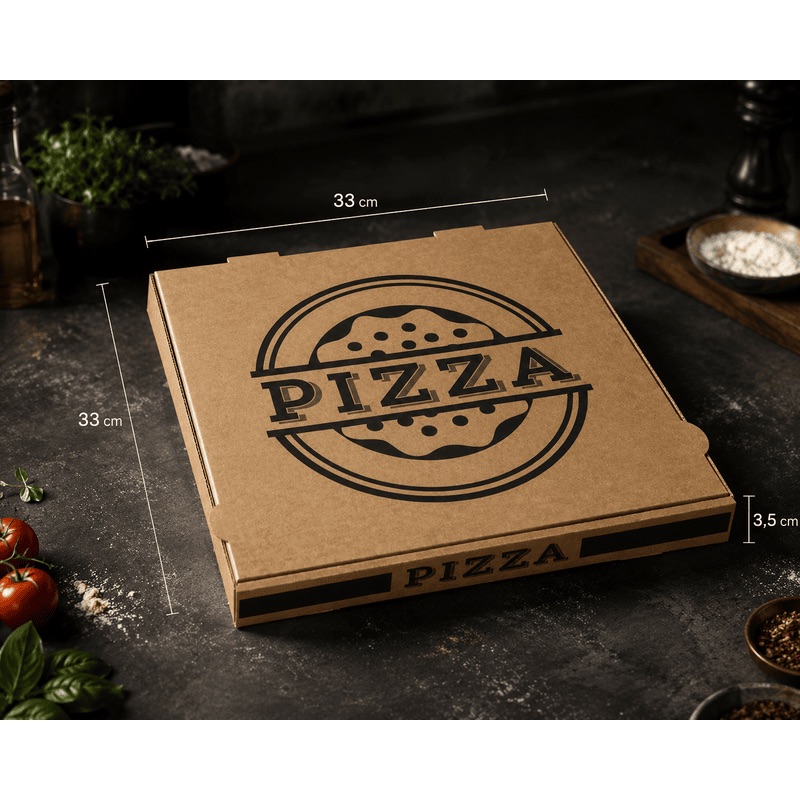 Boîte à pizza en carton kraft de 33 x 33 cm avec hauteur de 3,5 cm, illustrée avec dimensions et logo noir vintage sur fond de cuisine rustique.