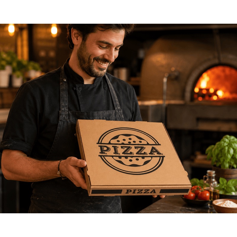 Pizzaiolo souriant tenant une boîte à pizza en carton kraft avec logo vintage, devant un four à pizza traditionnel dans une cuisine italienne chaleureuse.